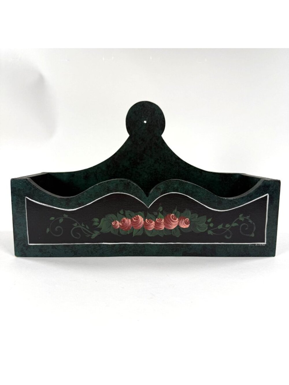 Hand-Painted Wooden Wall-Mount Box Storage Organizer Green Floral Design Signed